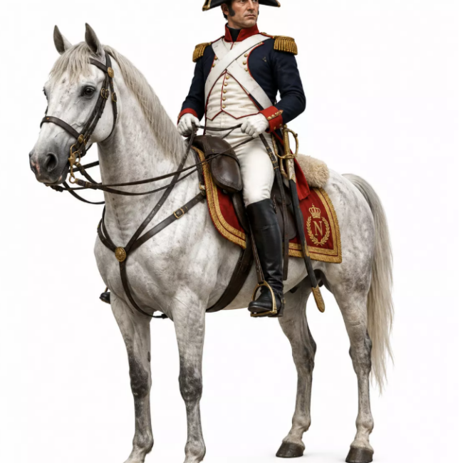 Modèle 3D très détaillé d'un officier de cavalerie napoléonien à cheval